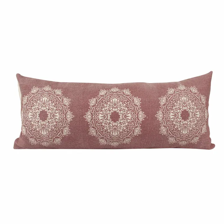 14" X 36" Dusty Rose And White Cotton Medallion Throw Pillow