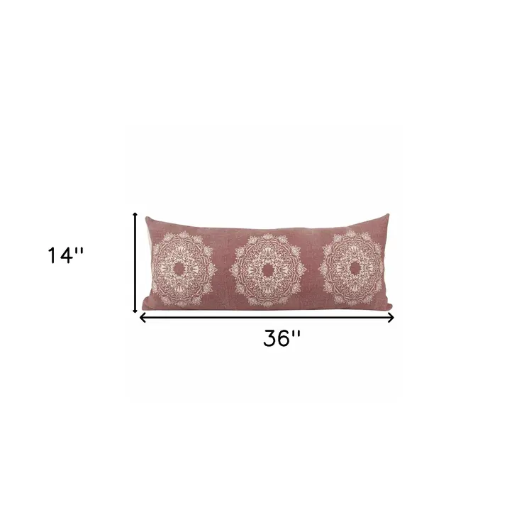 14" X 36" Dusty Rose And White Cotton Medallion Throw Pillow
