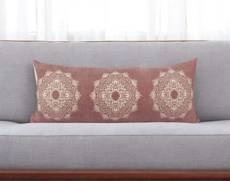 14" X 36" Dusty Rose And White Cotton Medallion Throw Pillow