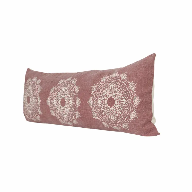 14" X 36" Dusty Rose And White Cotton Medallion Throw Pillow