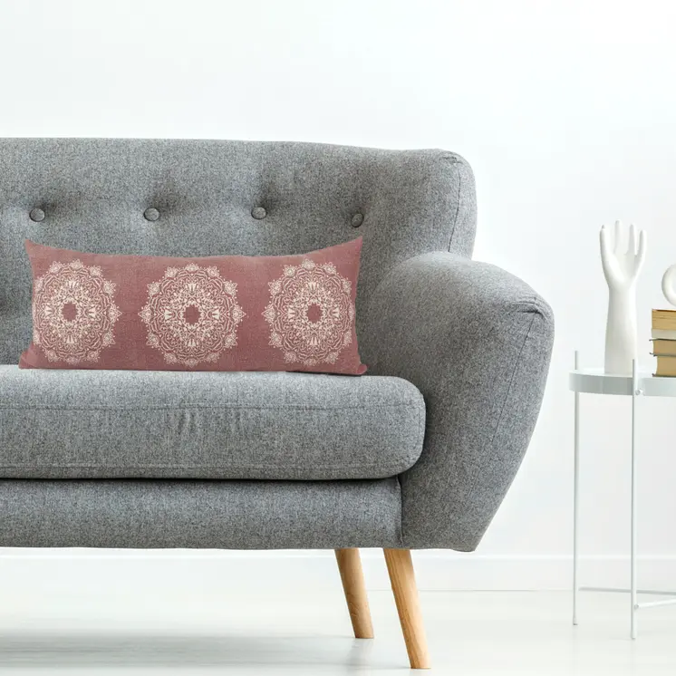 14" X 36" Dusty Rose And White Cotton Medallion Throw Pillow