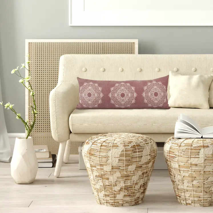 14" X 36" Dusty Rose And White Cotton Medallion Throw Pillow