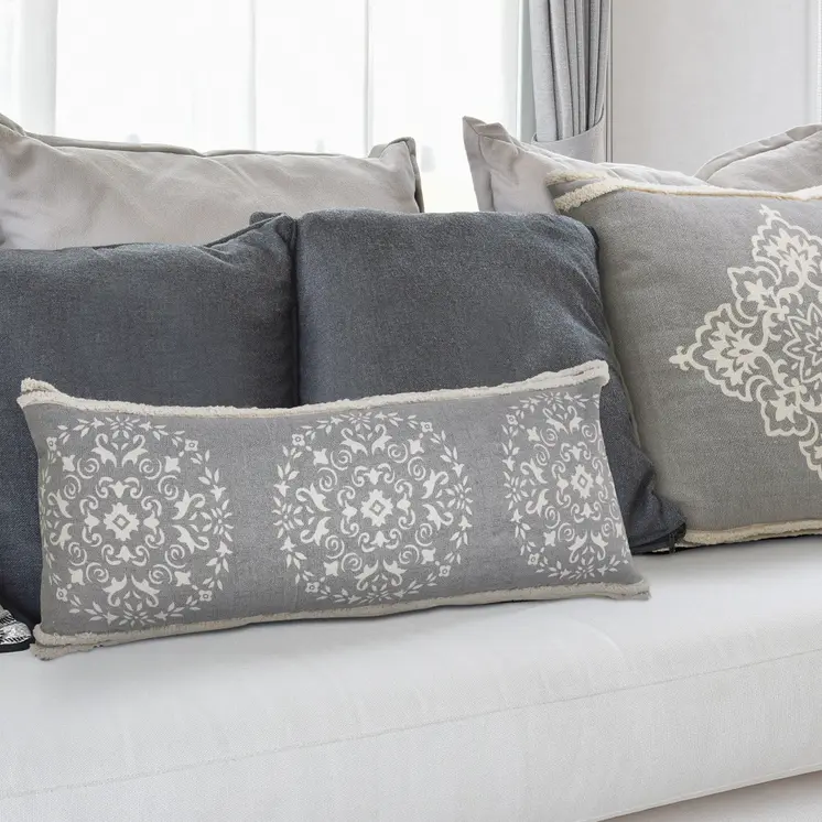 14" X 36" Gray And White Cotton Medallion Throw Pillow