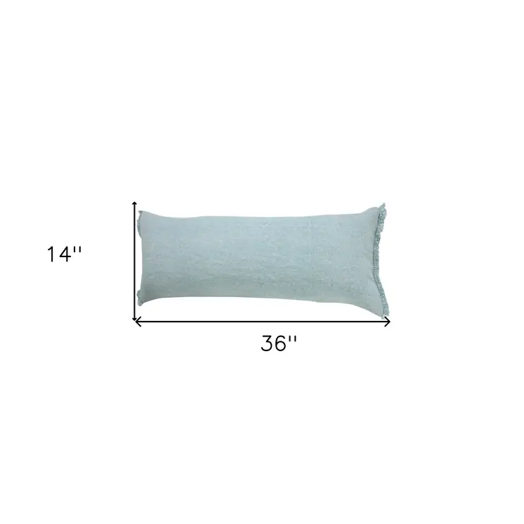 14" X 36" Light Blue Cotton Lumbar Throw Pillow With Fringe
