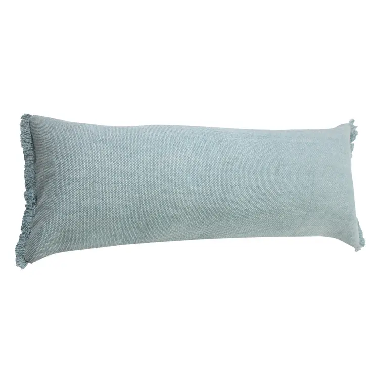 14" X 36" Light Blue Cotton Lumbar Throw Pillow With Fringe