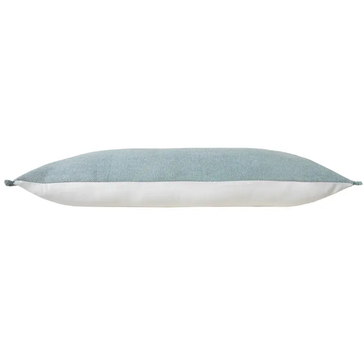 14" X 36" Light Blue Cotton Lumbar Throw Pillow With Fringe