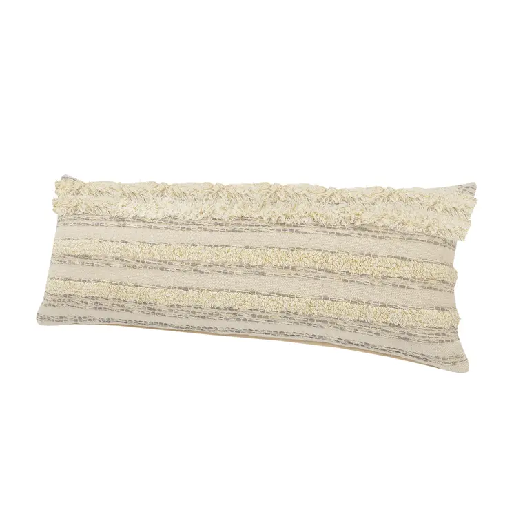 14" X 36" Cream Gray And Tan Cotton Striped Throw Pillow