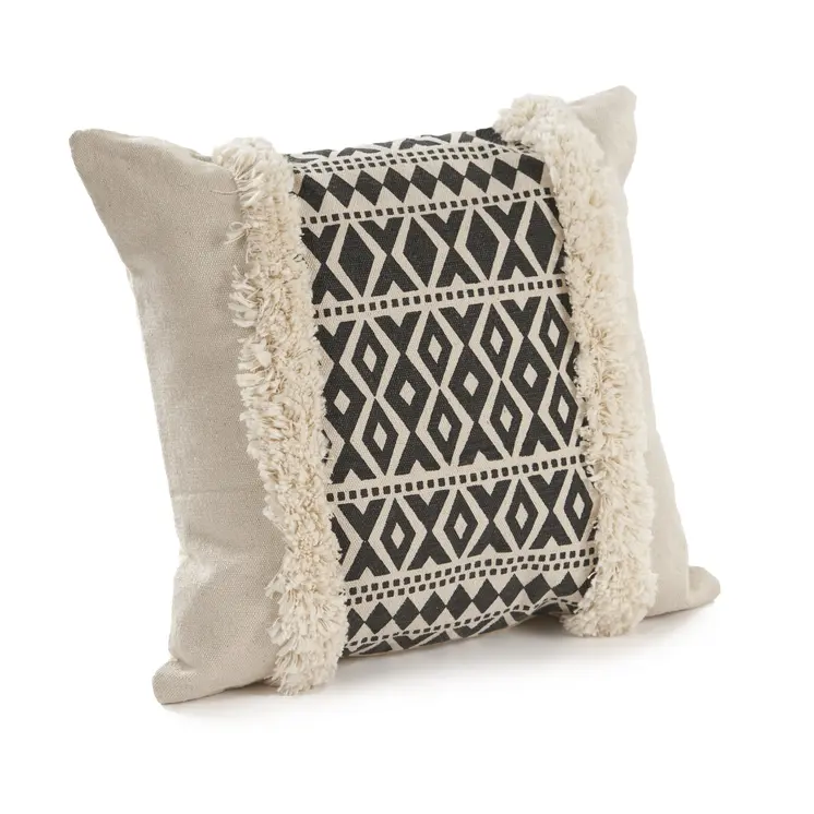 18" X 18" Tan and Black Geometric Cotton Zippered Pillow With Shag