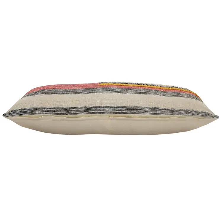 14" X 36" Orange Pink Black And Off-White 100% Cotton Striped Zippered Pillow