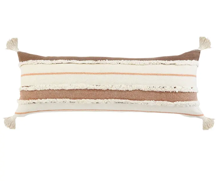 14" X 36" Brown Peach And Tan Cotton Striped Throw Pillow