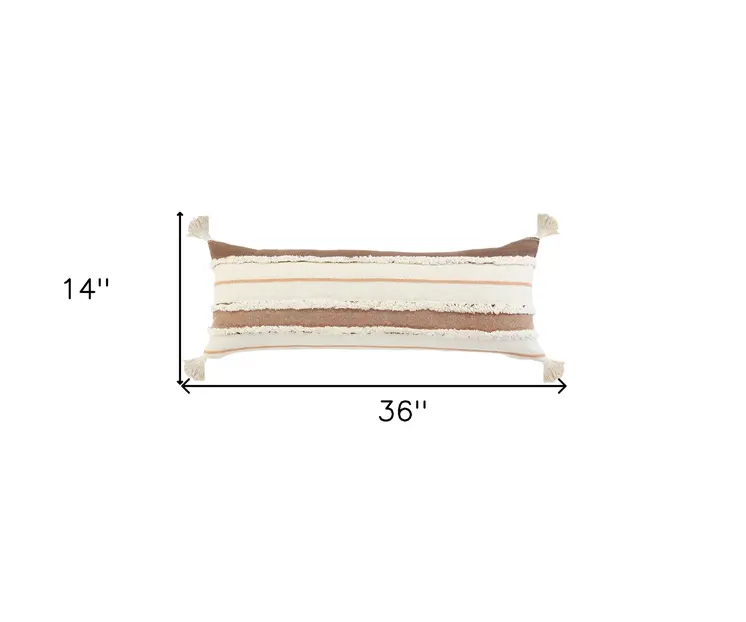 14" X 36" Brown Peach And Tan Cotton Striped Throw Pillow