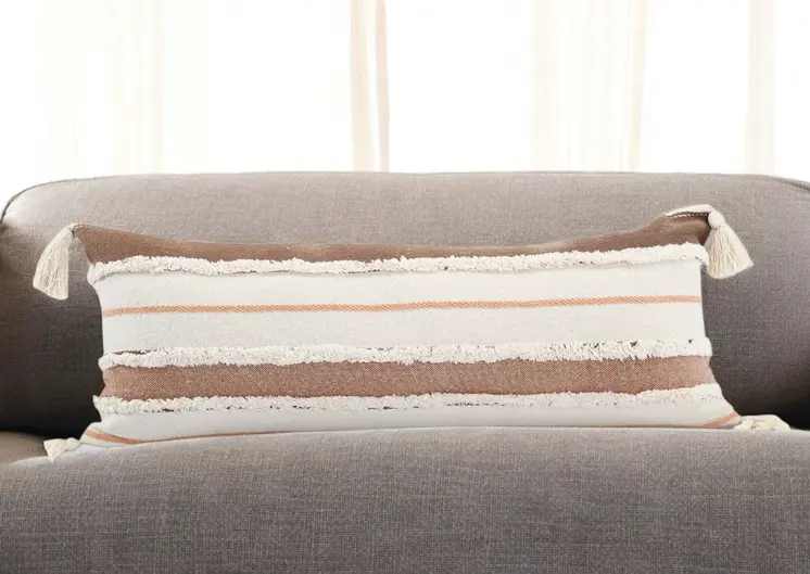 14" X 36" Brown Peach And Tan Cotton Striped Throw Pillow