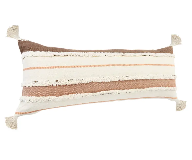 14" X 36" Brown Peach And Tan Cotton Striped Throw Pillow