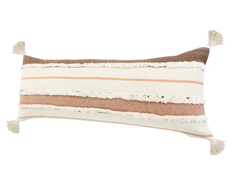 14" X 36" Brown Peach And Tan Cotton Striped Throw Pillow