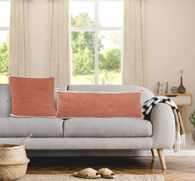 14" X 36" Orange And Off-White 100% Cotton Striped Zippered Pillow