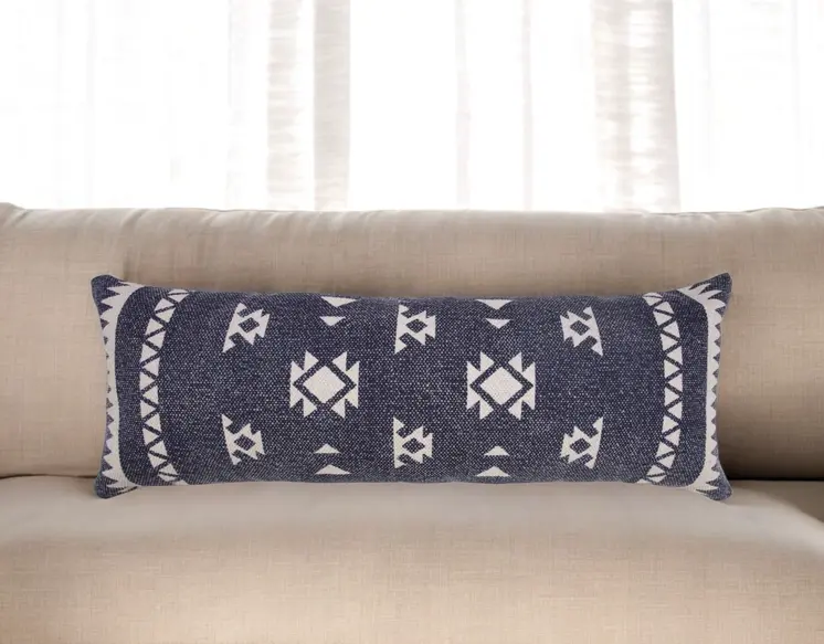 14" X 36" Navy Blue And White Cotton Geometric Throw Pillow