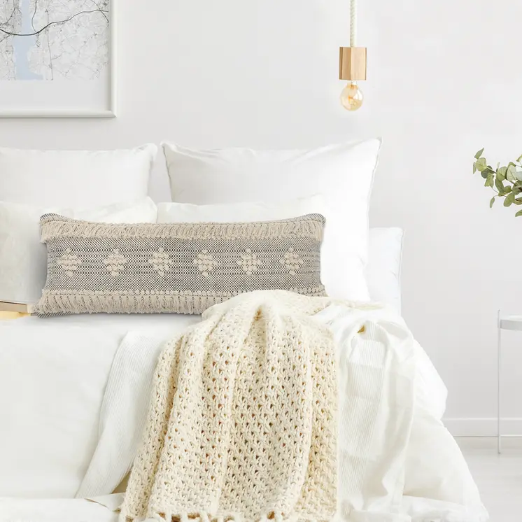 14" X 36" Gray And Taupe Cotton Geometric Throw Pillow