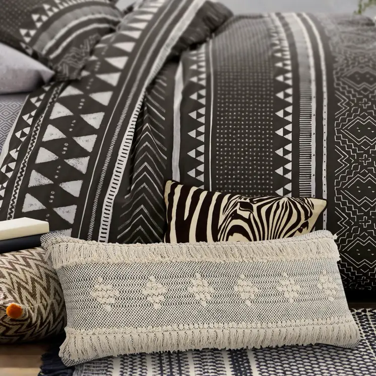 14" X 36" Gray And Taupe Cotton Geometric Throw Pillow