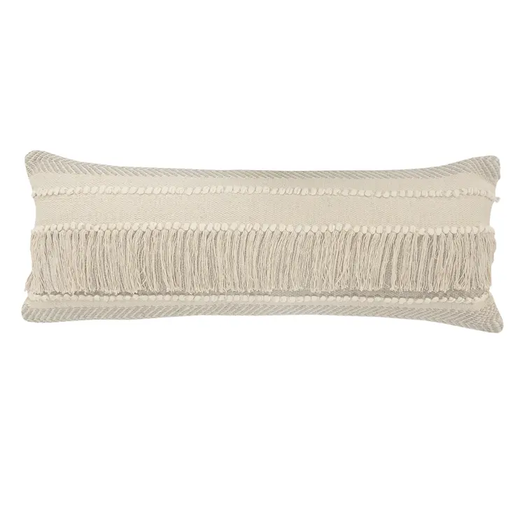 14" X 36" Beige And Gray Cotton Chevron Throw Pillow