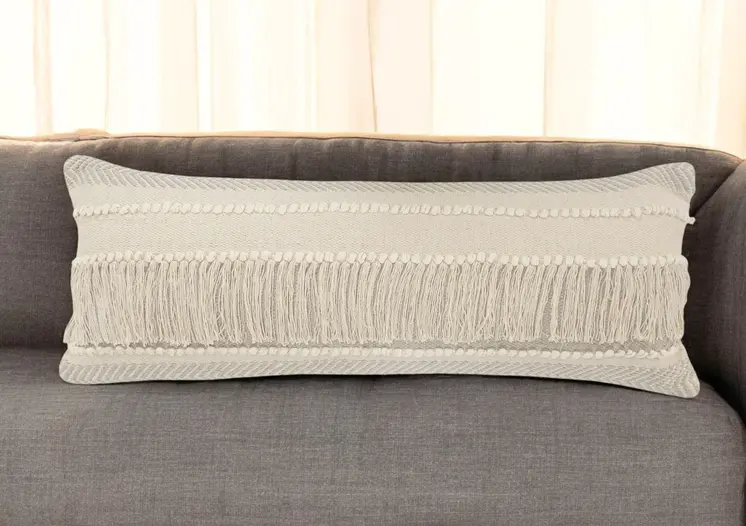 14" X 36" Beige And Gray Cotton Chevron Throw Pillow