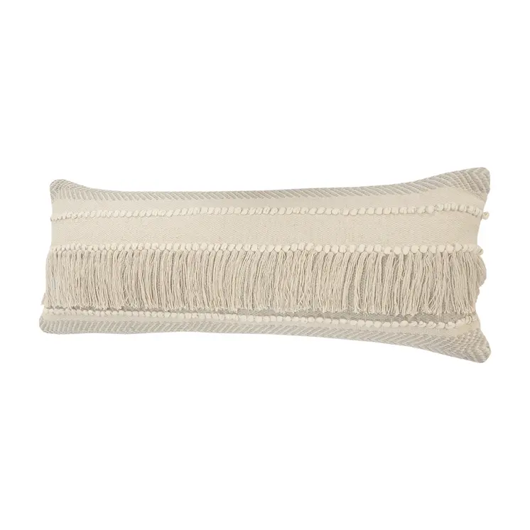 14" X 36" Beige And Gray Cotton Chevron Throw Pillow