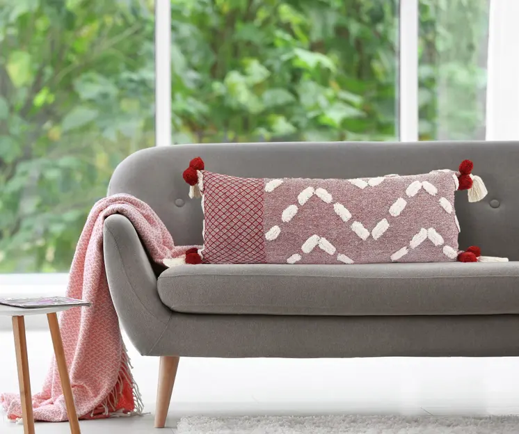 14" X 36" Heute Red And Cream 100% Cotton Geometric Zippered Pillow