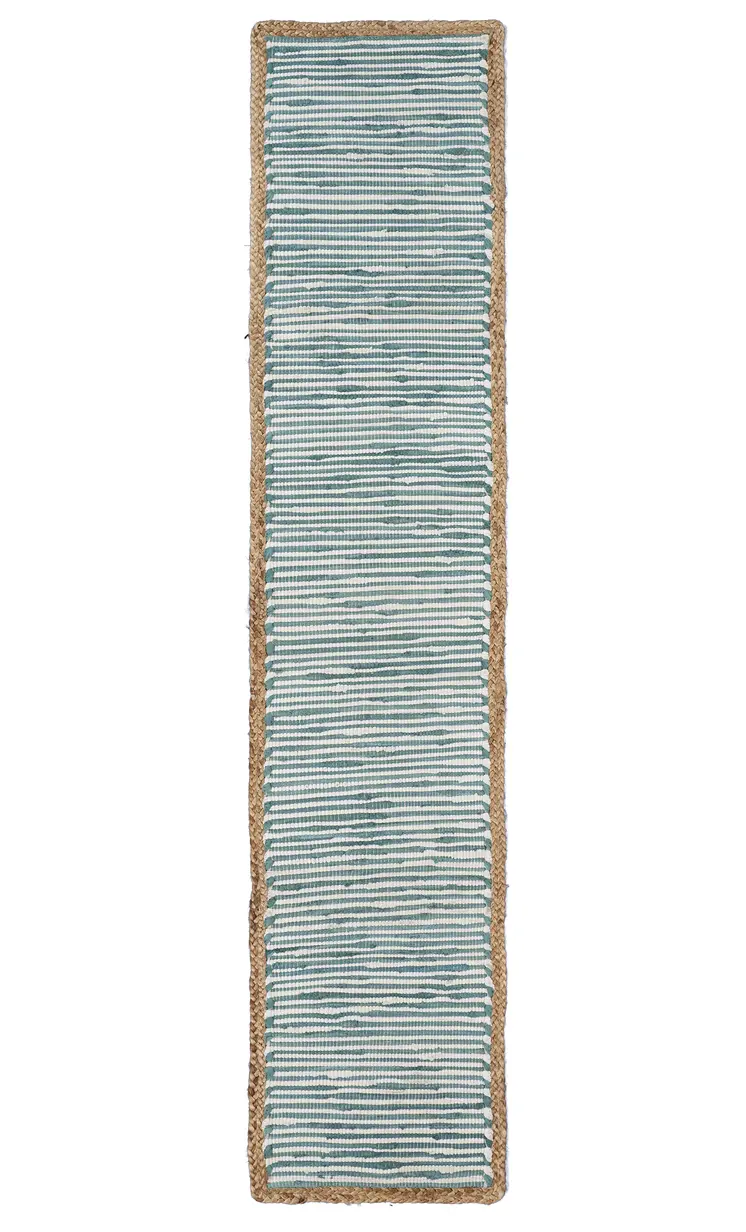 80" Aqua Off White And Natural Striped Cotton And Jute Table Runner
