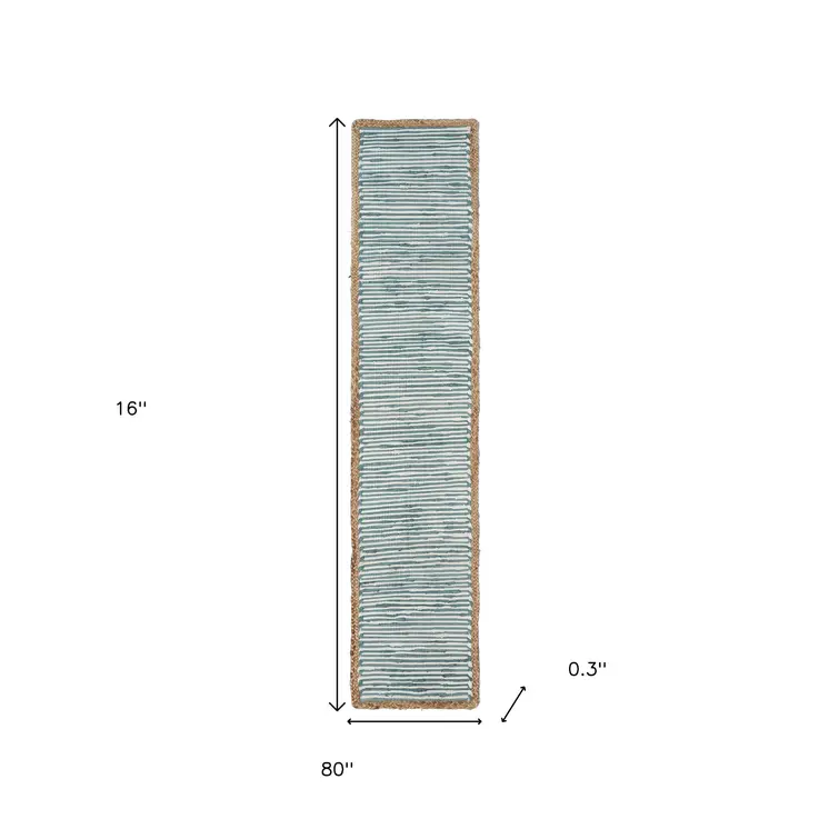 80" Aqua Off White And Natural Striped Cotton And Jute Table Runner