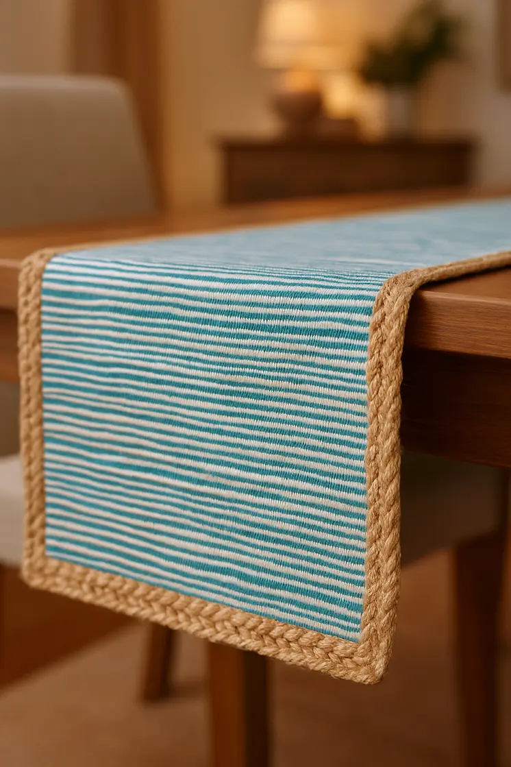 80" Aqua Off White And Natural Striped Cotton And Jute Table Runner