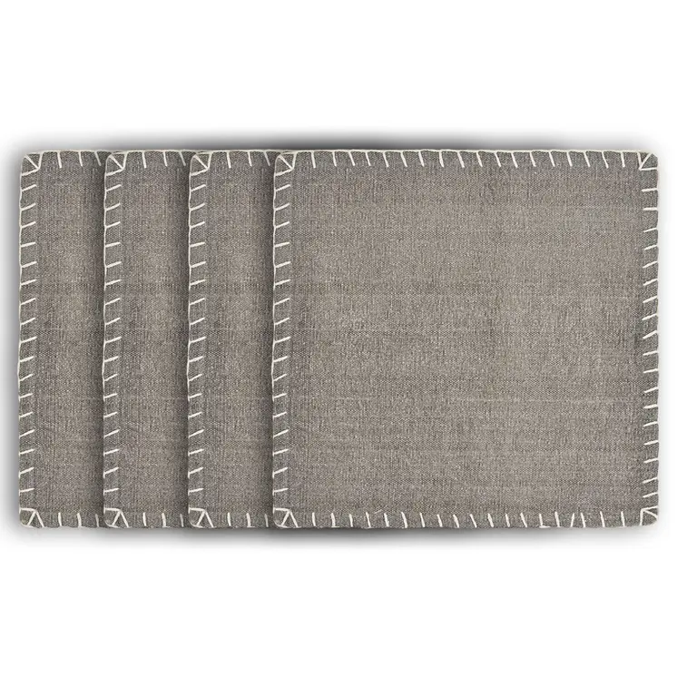 15" Set of Four Gray And Natural Embroidered Edged Cotton Square Placemats