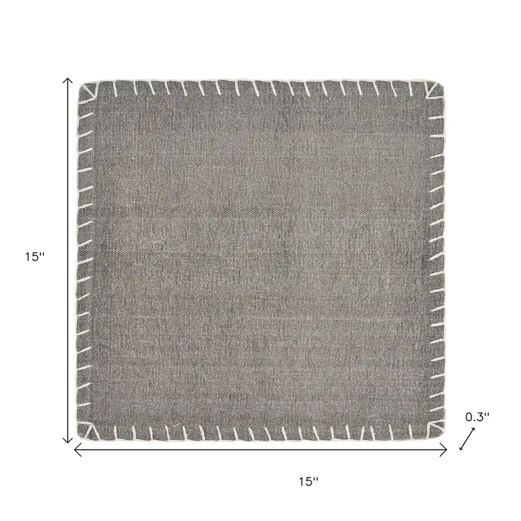 15" Set of Four Gray And Natural Embroidered Edged Cotton Square Placemats