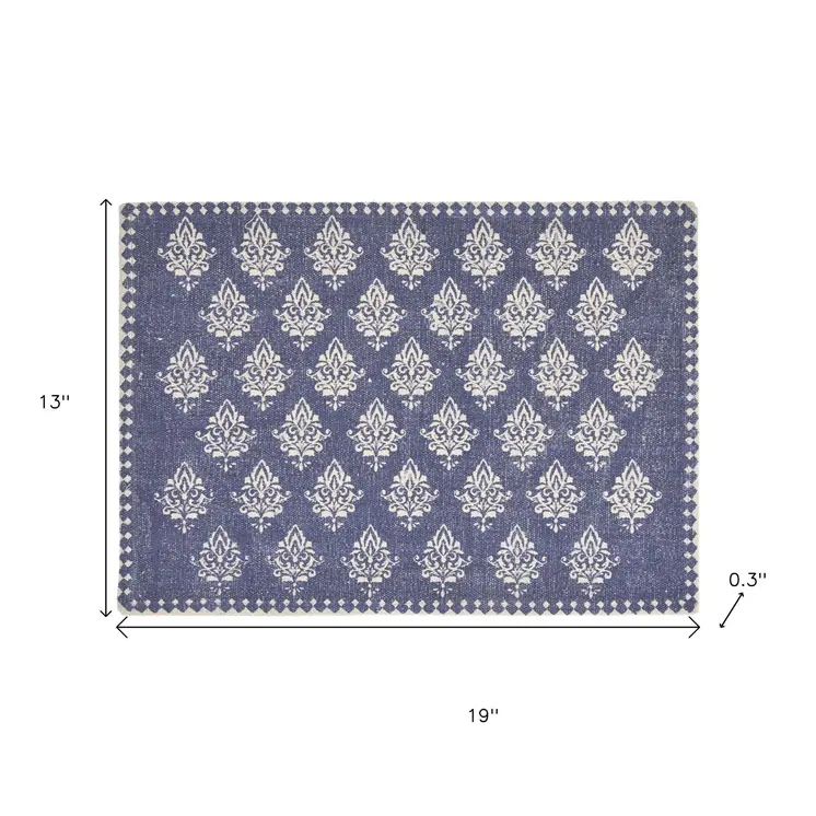 19" Set of Four Blue And Cream Geometric Medallion Cotton Placemats