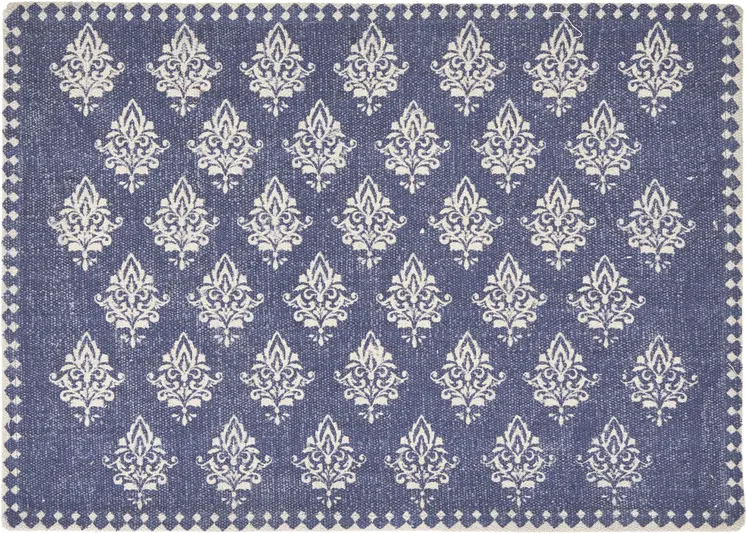 19" Set of Four Blue And Cream Geometric Medallion Cotton Placemats