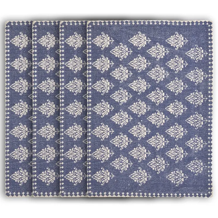 19" Set of Four Blue And Cream Geometric Medallion Cotton Placemats