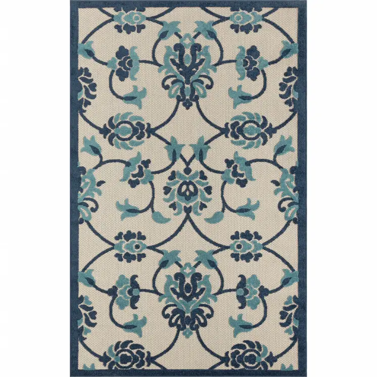 4' X 6' Blue Floral Non Skid Indoor Outdoor Area Rug