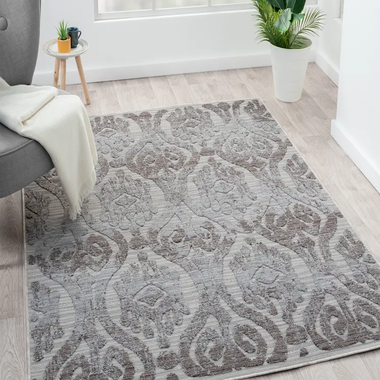 8' X 9' Blue And Gray Damask Indoor Outdoor Area Rug