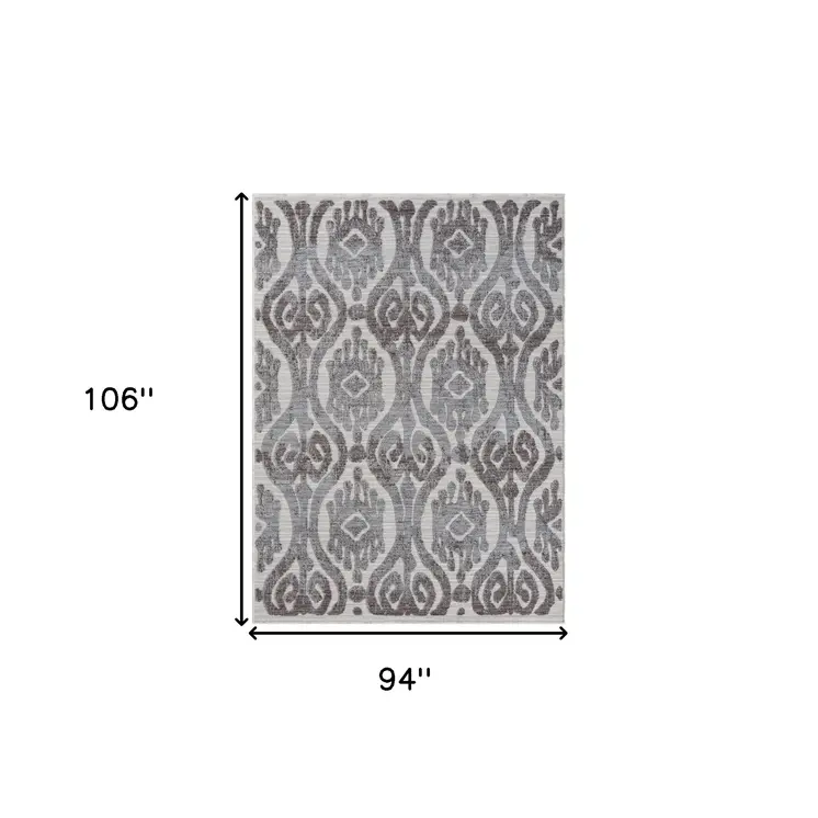 8' X 9' Blue And Gray Damask Indoor Outdoor Area Rug