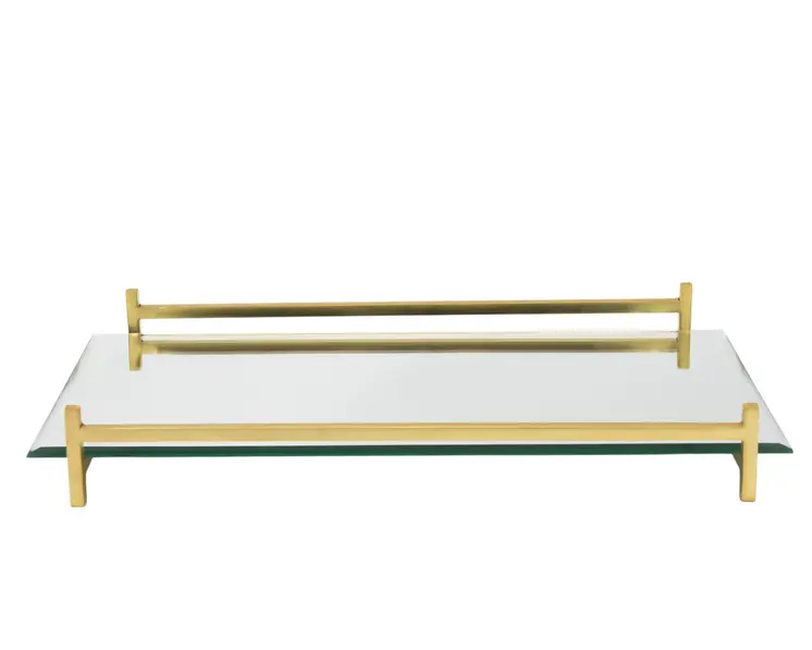 16" Mirror and Gold Rectangular Glass Vanity Tray