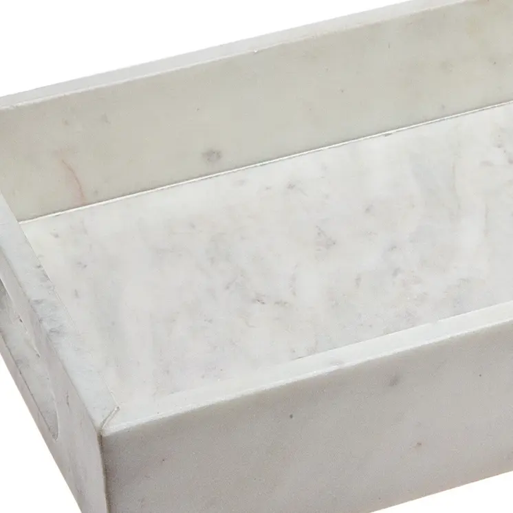16" White Rectangular Marble Serving Tray With Handles