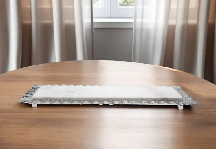 18" White and Silver Rectangular Marble Serving Tray