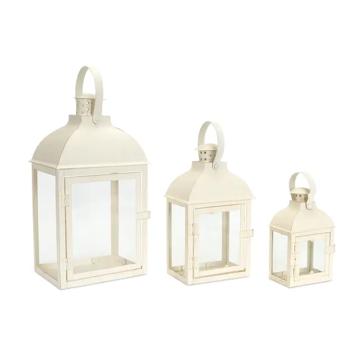 Set of Three Ivory Distressed Glass And Metal Floor Lantern Candle Holders