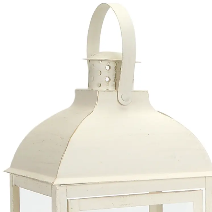 Set of Three Ivory Distressed Glass And Metal Floor Lantern Candle Holders