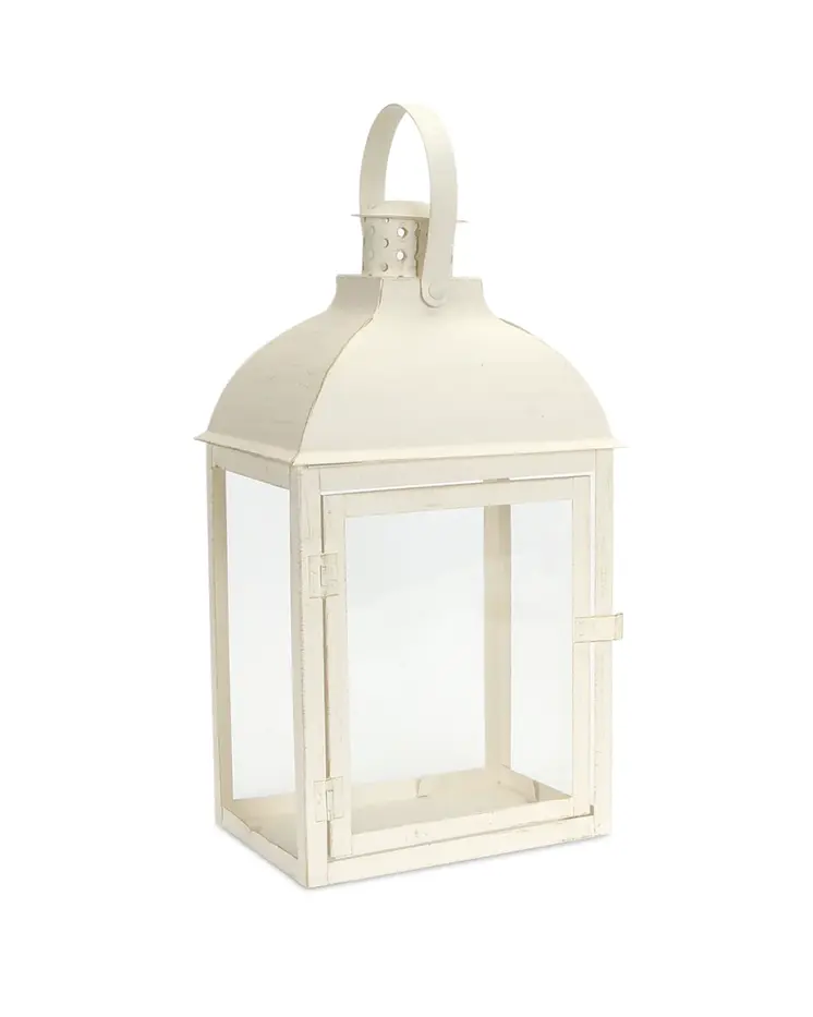Set of Three Ivory Distressed Glass And Metal Floor Lantern Candle Holders