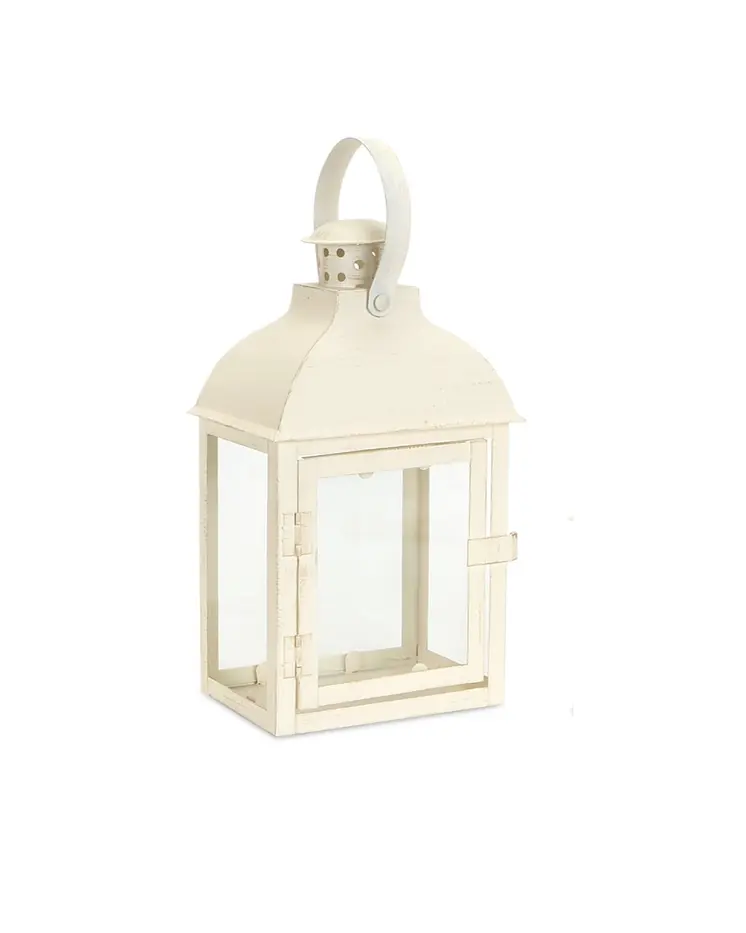 Set of Three Ivory Distressed Glass And Metal Floor Lantern Candle Holders