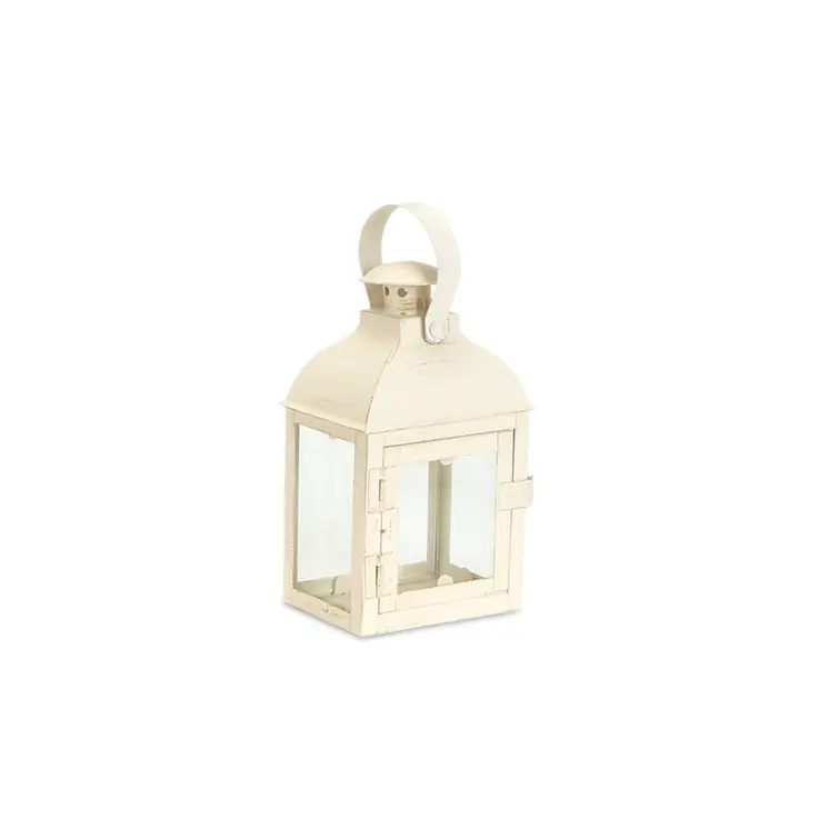 Set of Three Ivory Distressed Glass And Metal Floor Lantern Candle Holders