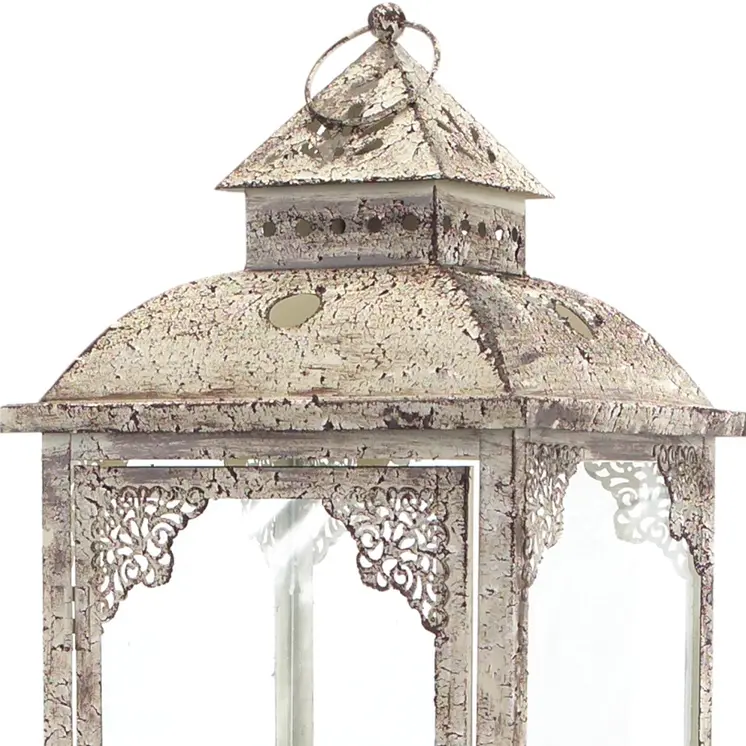Set of Two Beige Distressed Ornate Glass And Metal Floor Lantern Candle Holders