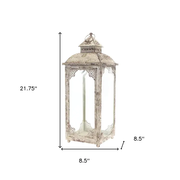 Set of Two Beige Distressed Ornate Glass And Metal Floor Lantern Candle Holders
