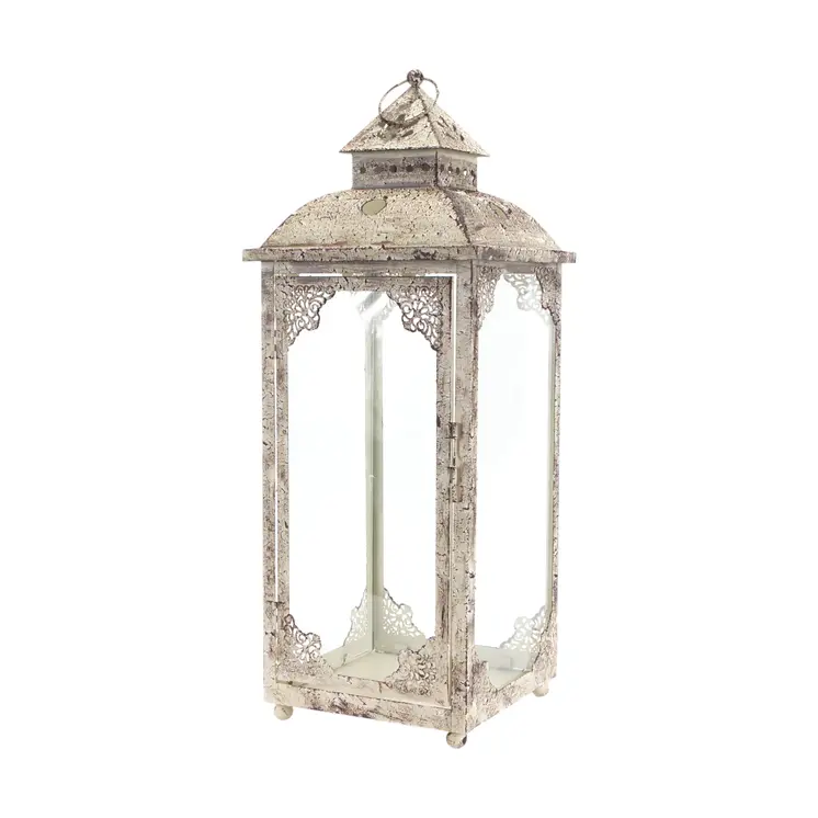 Set of Two Beige Distressed Ornate Glass And Metal Floor Lantern Candle Holders