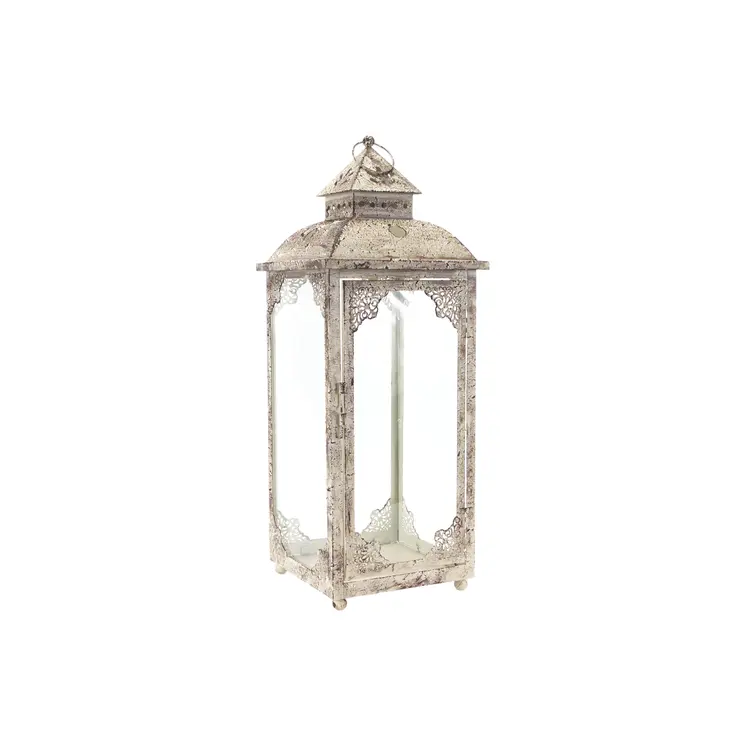 Set of Two Beige Distressed Ornate Glass And Metal Floor Lantern Candle Holders