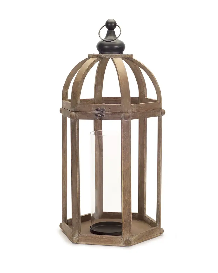 Set of Two Brown Distressed Wood And Glass Floor Lantern Candle Holders